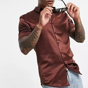 NEW ASOS DESIGN skinny satin shirt in brown